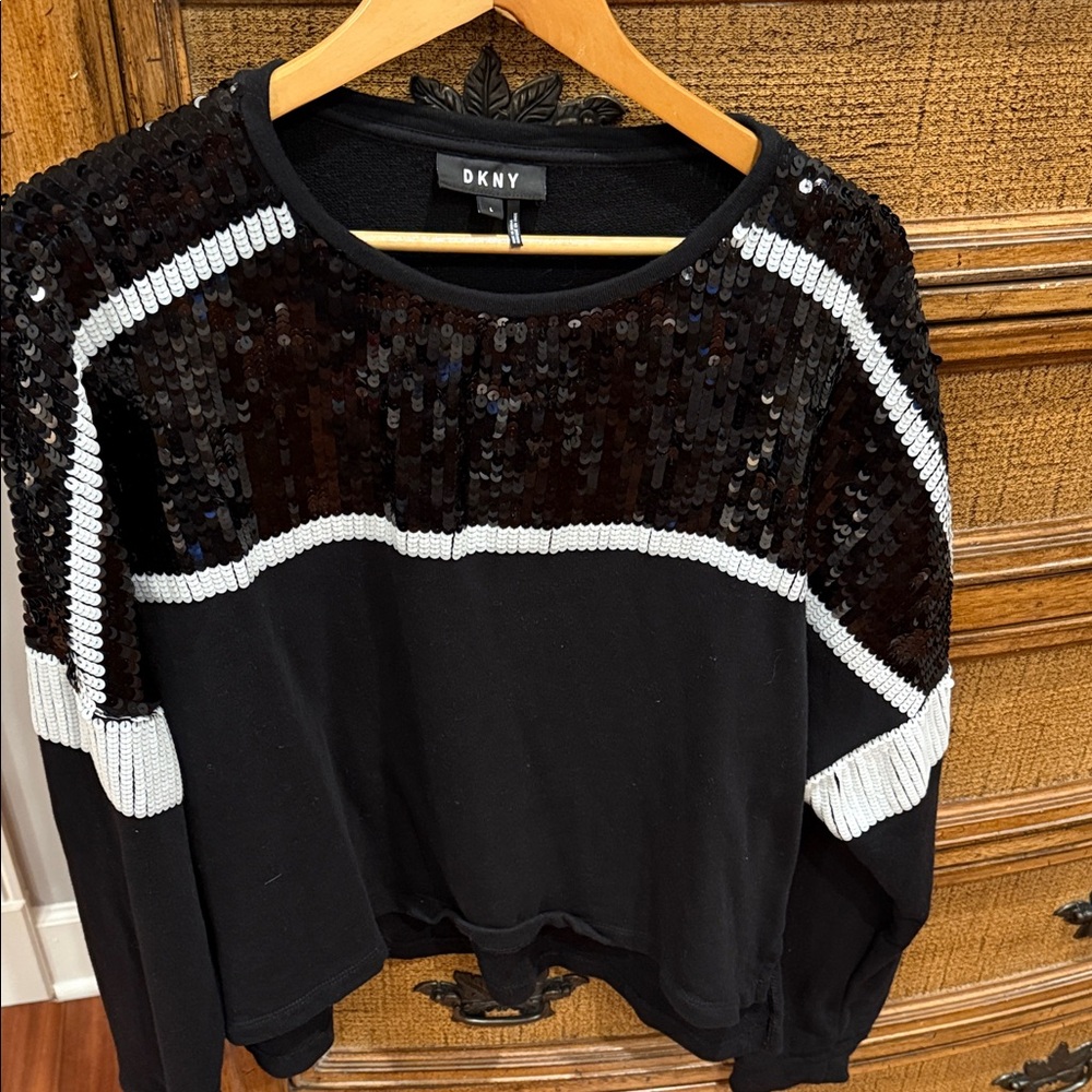 DKNY Women’s Black and White Sequin Embellished Sweatshirt.